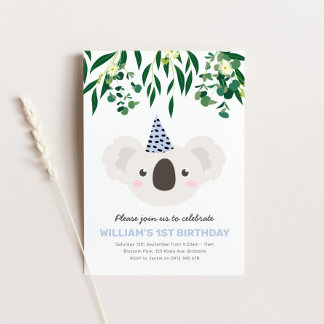 Koala With Blue Party Hat Birthday Invitation
