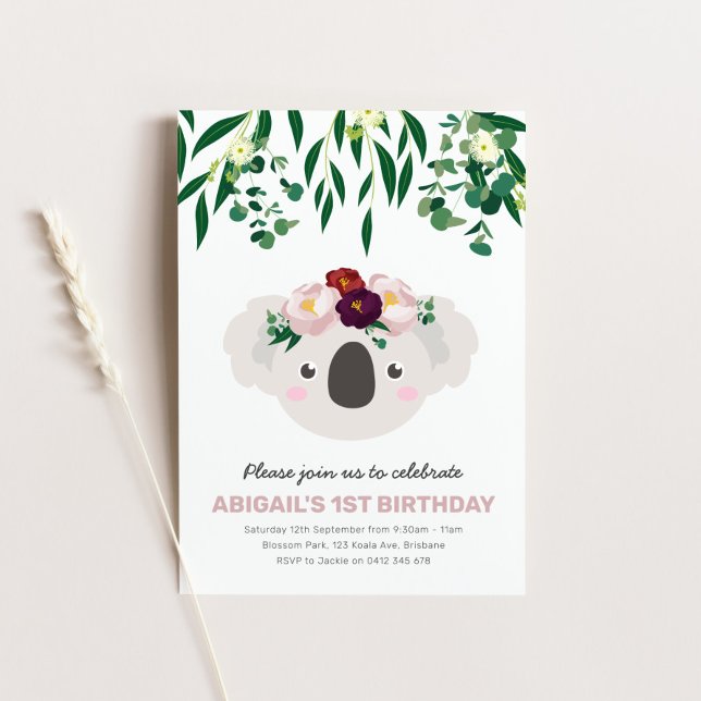 Koala with Flower Crown Birthday Invitation (Creator Uploaded)