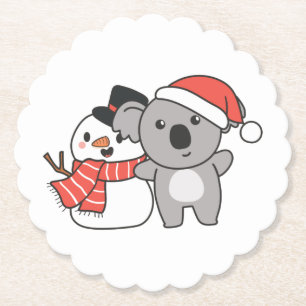 Koala With Snowman In Winter For Christmas Paper Coaster