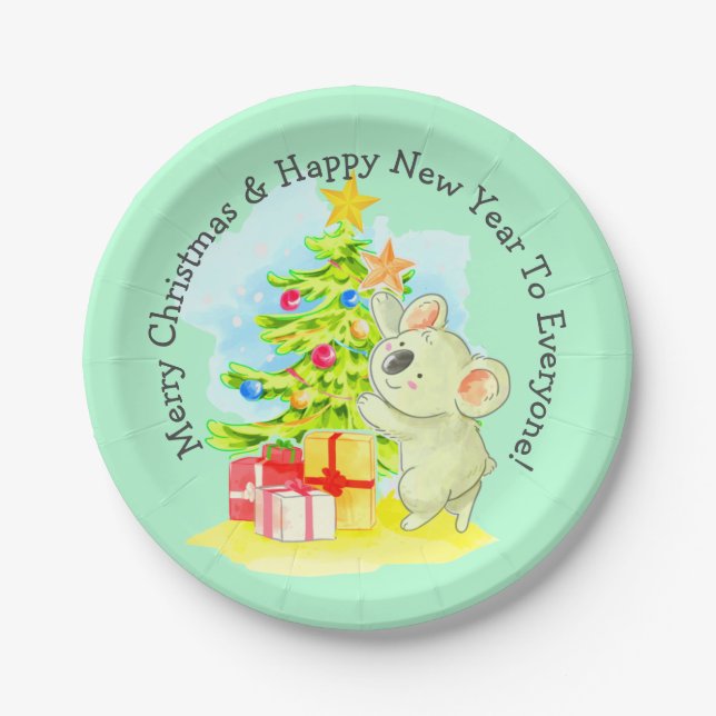 Koala with Tree, 7" Australian Christmas Party  Paper Plate (Front)