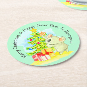 Koala with Tree, Australian Christmas Party Round Paper Coaster