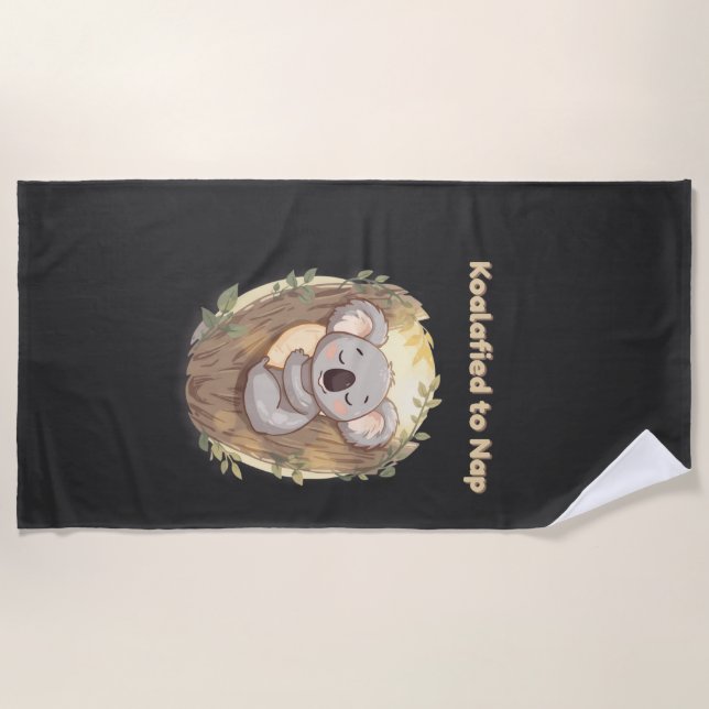 "Koalafied to Nap – Cute Sleepy Koala T-Shirt" Beach Towel (Front)