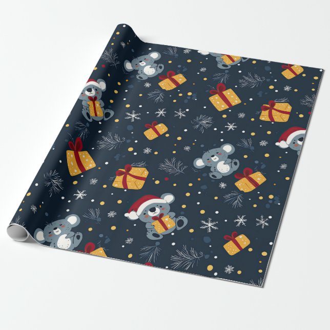 Koalas and Gift Boxes Xmas Wrapping Paper (Unrolled)