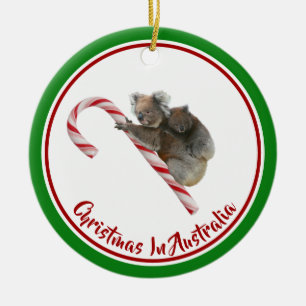 Koalas On Candy Cane Down Under Ceramic Tree Decoration