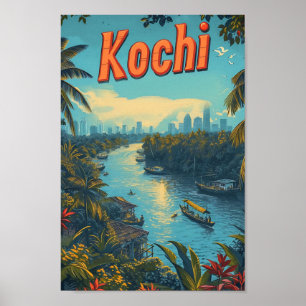 Kochi Kerala India Vintage Art Travel Illustration Poster
