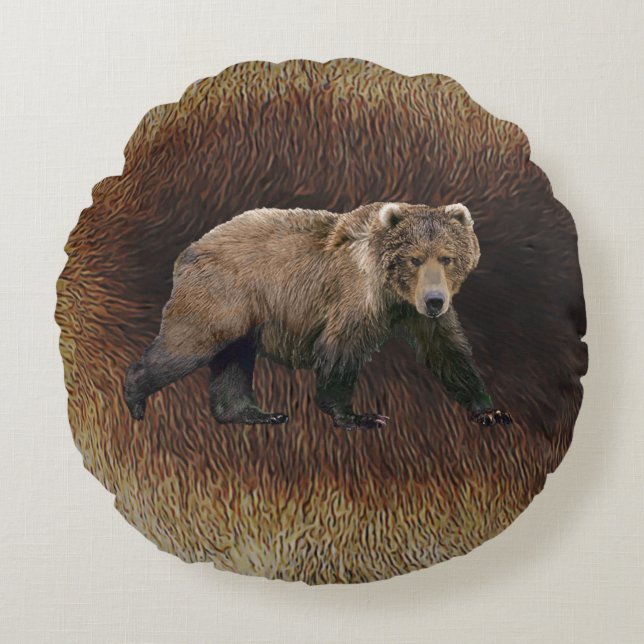 Kodiak Bear On Caribou Fur Round Cushion (Front)