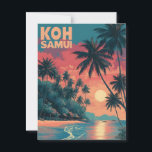 Koh Samui vintage  Postcard<br><div class="desc">This dreamy vintage poster captures the tranquil beauty of Koh Samui at sunset. Swaying palm trees line a peaceful tropical beach as the sky glows in warm, faded hues of orange and pink. With retro textures and nostalgic tones, the artwork evokes the charm of mid-century island escapes and the timeless...</div>