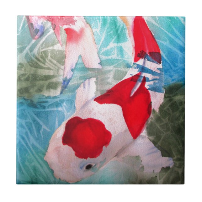 Kohaku Koi 2 Japanese watercolor fish art Tile (Front)
