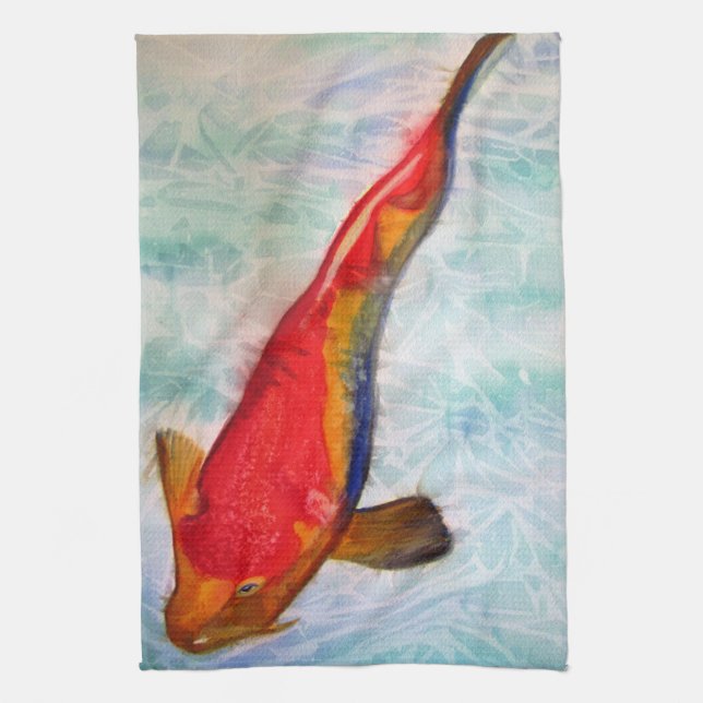 Kohaku Koi watercolour art Japanese Fish Tea Towel (Vertical)