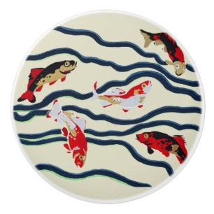 Koi and Flowing Waves Art Nouveau Design Ceramic Knob