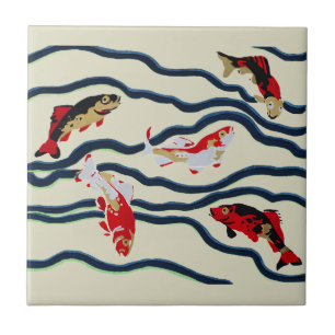 Koi and Flowing Waves Art Nouveau Design Tile