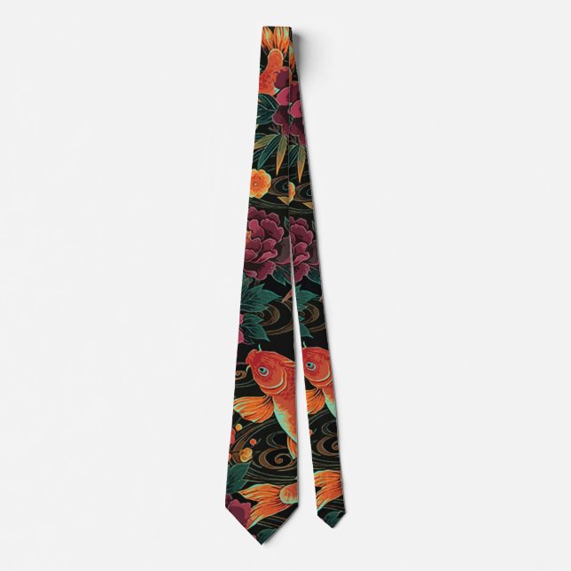 Koi and Peonies Neck Tie (Front)
