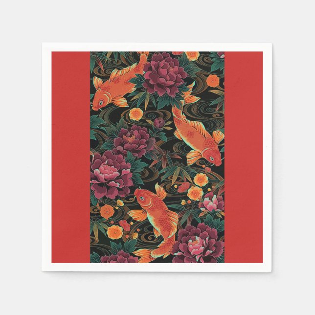 Koi and Peonies Paper Napkin (Front)