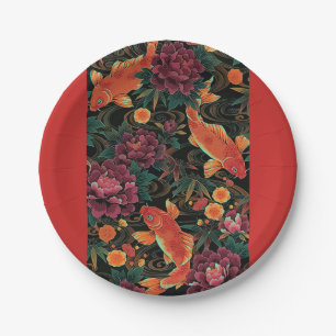 Koi and Peonies Paper Plate