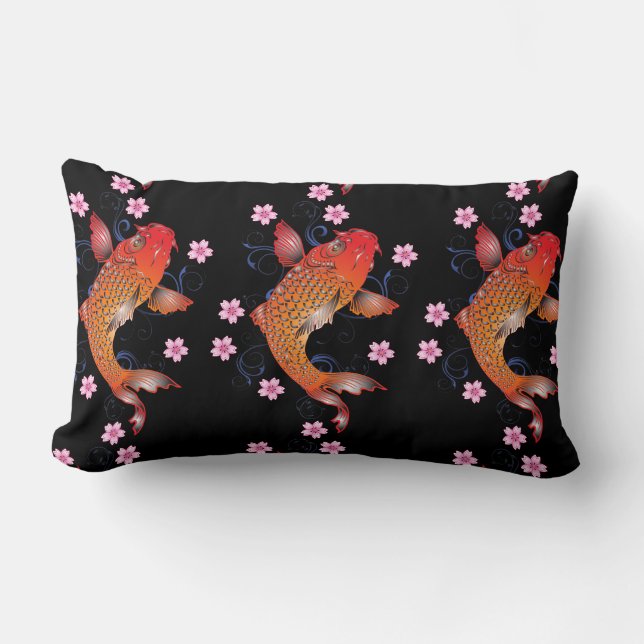 KOI black orange oriental Lumbar Cushion (Front)