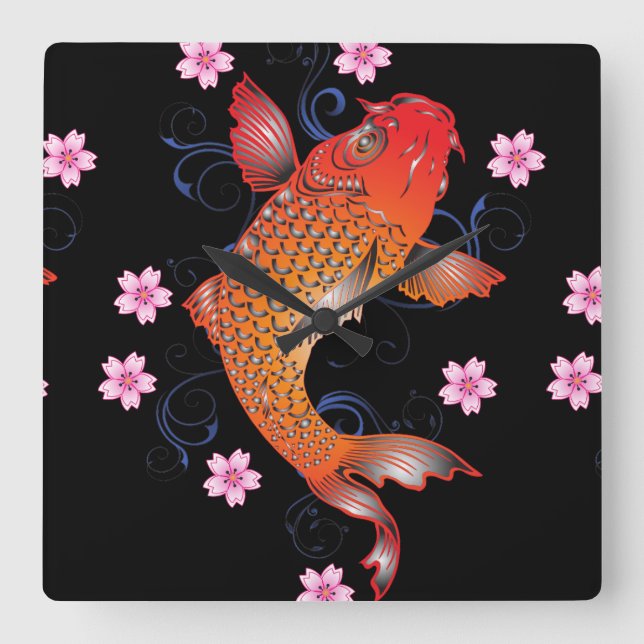 KOI black orange oriental Square Wall Clock (Front)