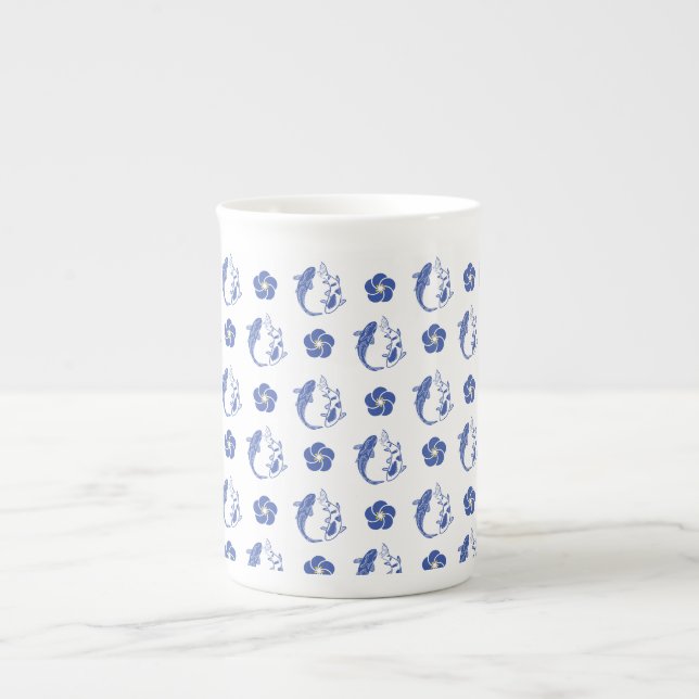 "Koi Blossom Crest: Serene Blue Edition" Bone China Mug (Front)