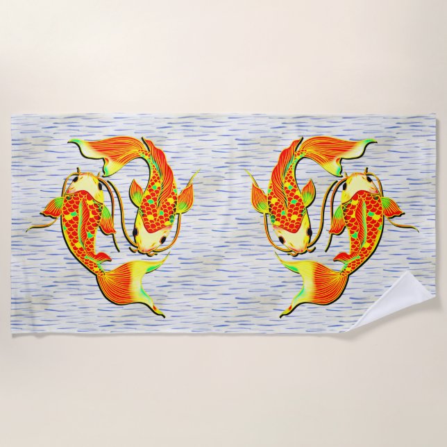 Koi Carp Fish Orange Green on  Beach Towel (Front)