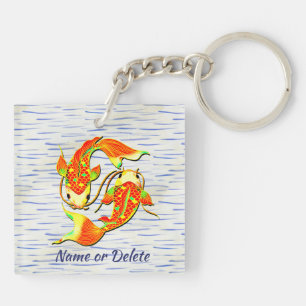 Koi Carp Fish Orange Green on Water - Add Name Key Ring