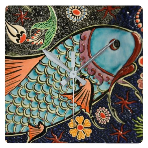 Image of Koi Carp Fish Scale Ceramic Pattern Square Wall Clock