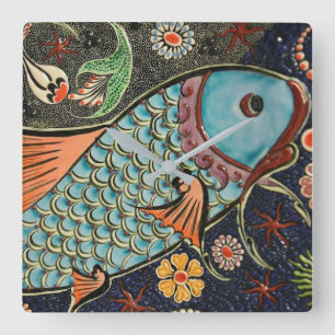 Koi Carp Fish Scale Ceramic Pattern Square Wall Clock