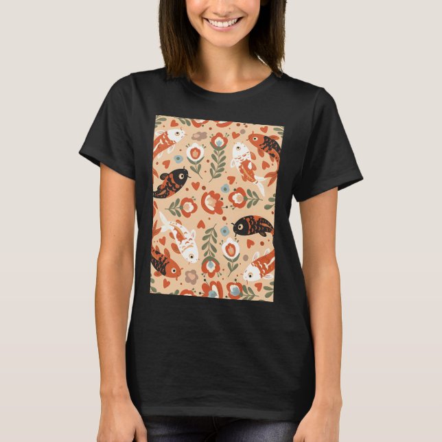 Koi Carp Seamless Pattern in Folk Art Style â€“ Sc T-Shirt (Front)