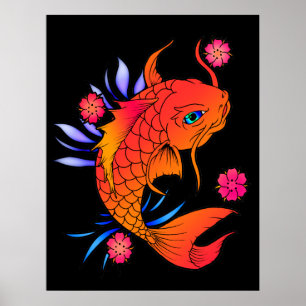 koi fish and flowers poster
