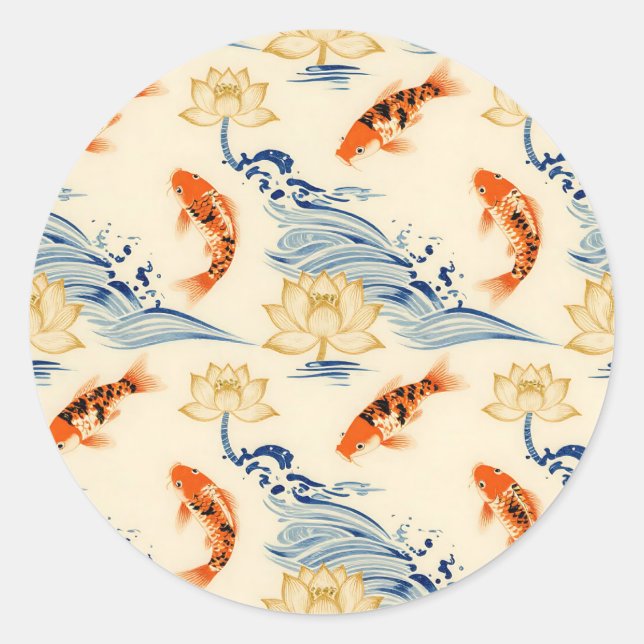 Koi Fish and Lotus Seamless Pattern Classic Round Sticker (Front)