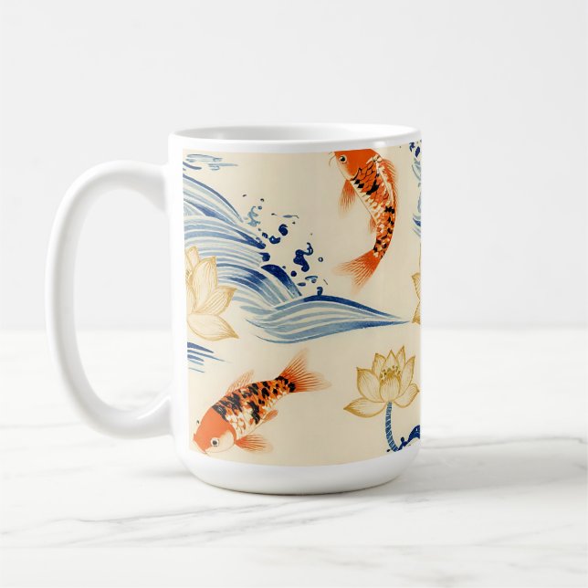 Koi Fish and Lotus Seamless Pattern Coffee Mug (Left)