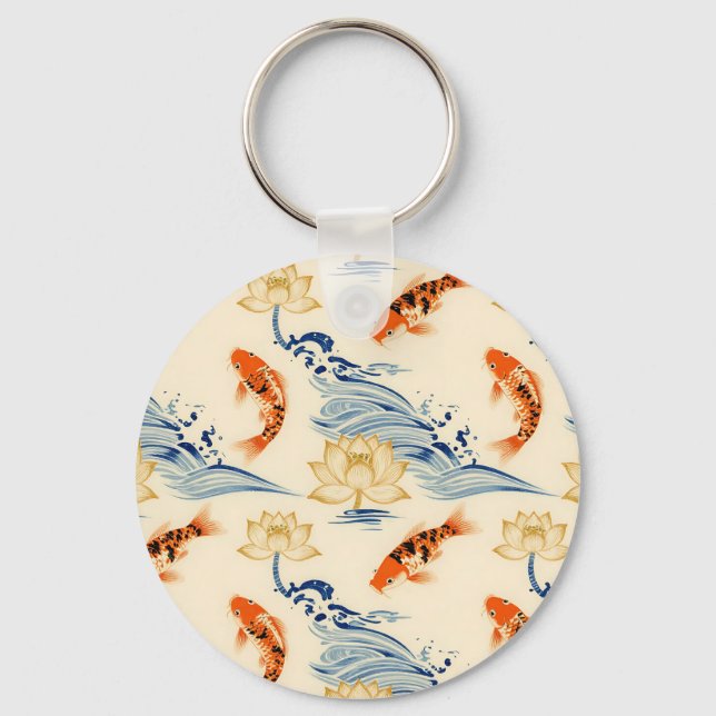 Koi Fish and Lotus Seamless Pattern Key Ring (Front)