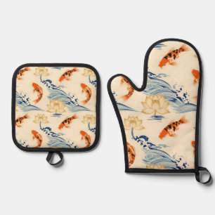 Koi Fish and Lotus Seamless Pattern Oven Mitt & Pot Holder Set