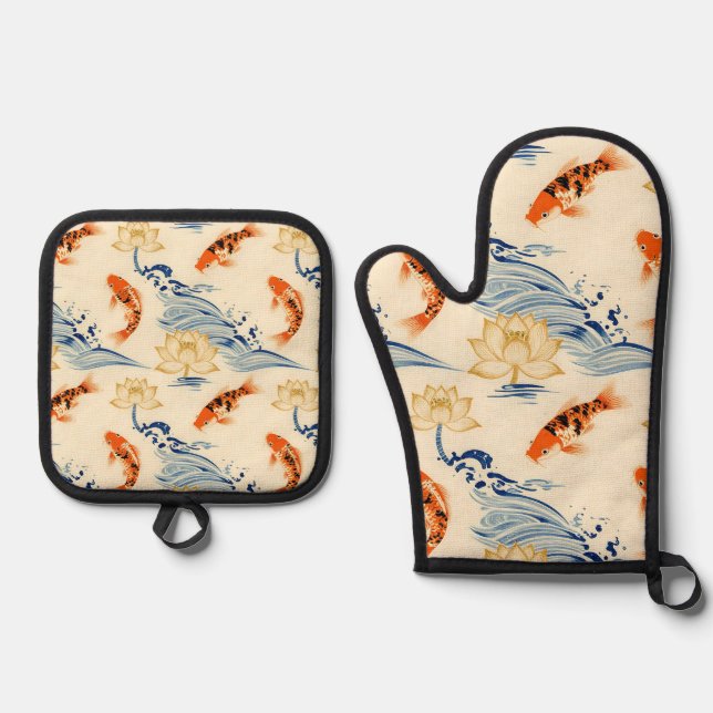 Koi Fish and Lotus Seamless Pattern Oven Mitt & Pot Holder Set (Front)