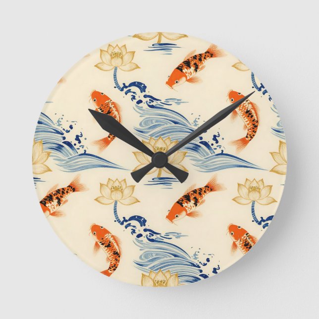 Koi Fish and Lotus Seamless Pattern Round Clock (Front)