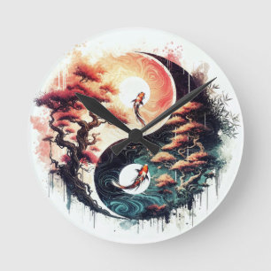 Koi Fish and Temple Yin Yang Round Clock