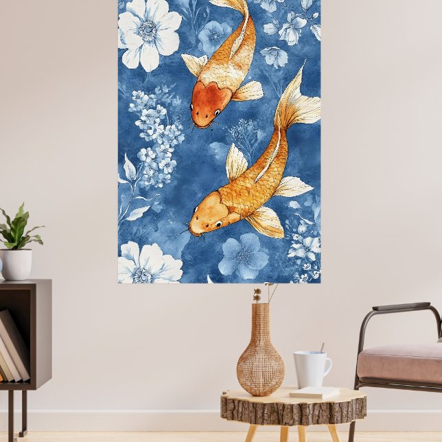  koi fish and the deep indigo blue of the floral  poster (Living Room 3)