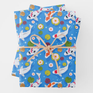 Koi Fish and Water Lilies Blue  Wrapping Paper Sheet