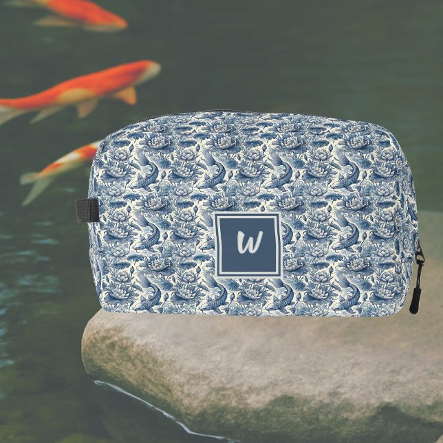Koi Fish and Water Lily Blue Chinoiserie Monogram Dopp Kit (Creator Uploaded)