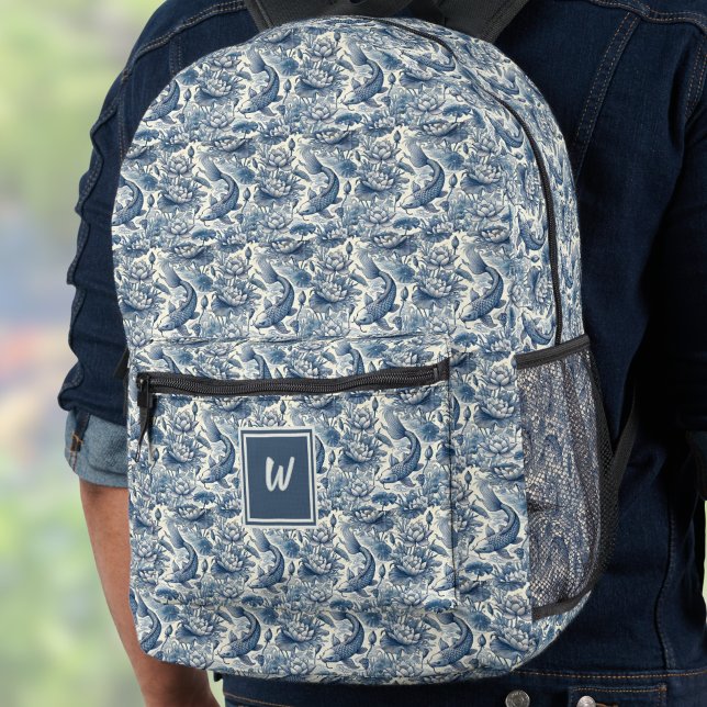 Koi Fish and Water Lily Blue Chinoiserie Monogram Printed Backpack (Creator Uploaded)