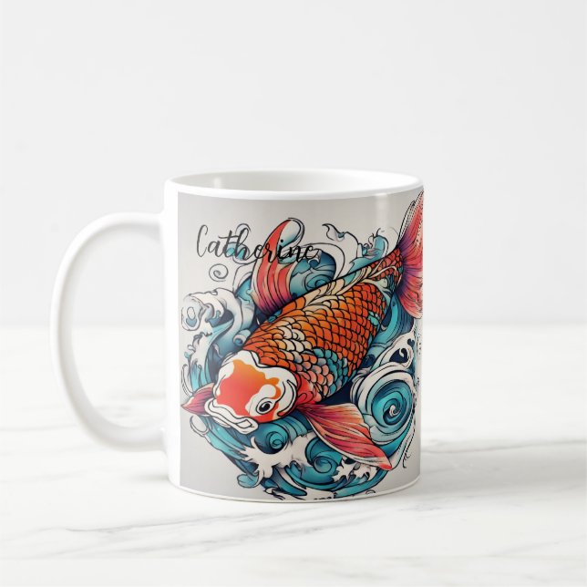 Koi Fish, Beautiful Japanese Carp, Personalised Coffee Mug (Left)