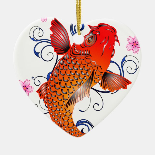 Koi Fish Carp Eastern Blossom Ceramic Tree Decoration (Front)