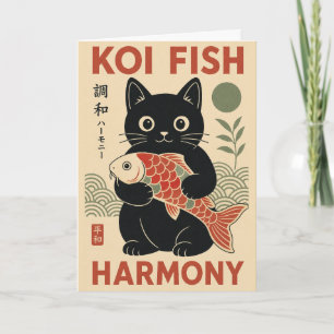 Koi Fish Cat Japanese Harmony Zen Illustration Card