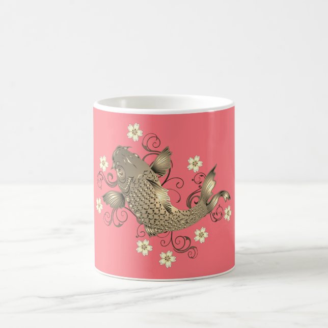 Koi fish coral peach gold oriental  floral coffee mug (Center)