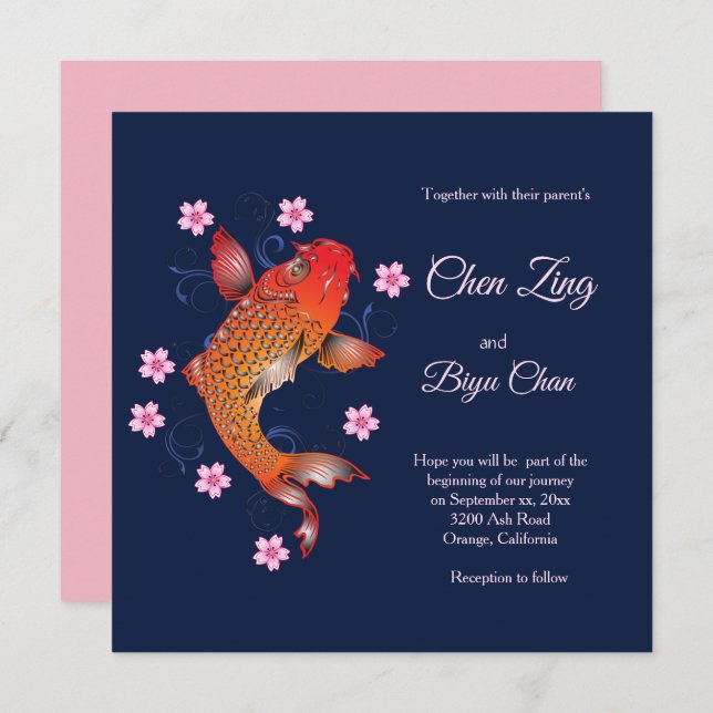 Koi Fish Custom Wedding Invitation (Front/Back)
