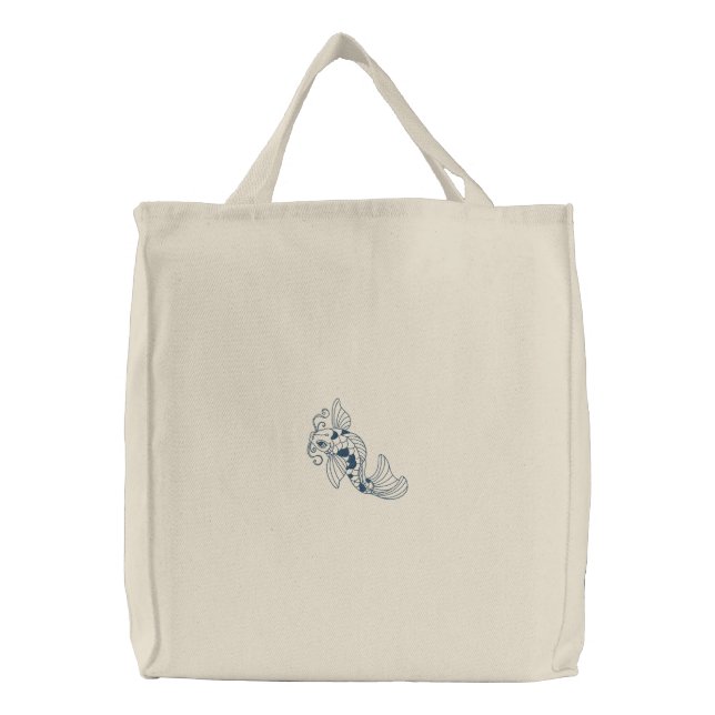 Koi fish embroidered reusable canvas tote bag (Front)