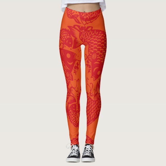 Koi Fish Fashion Asian Art Papercut leggings (Front)