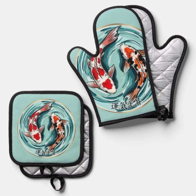 Koi Fish Good Fortune – Japanese Luck Oven Mitt & Pot Holder Set (Front/Back)