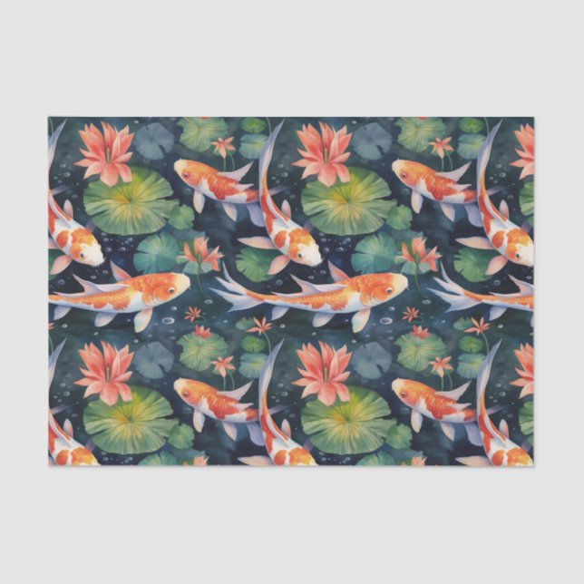 Koi Fish Green Lily Pads Pond Decoupage Tissue Paper (Front)
