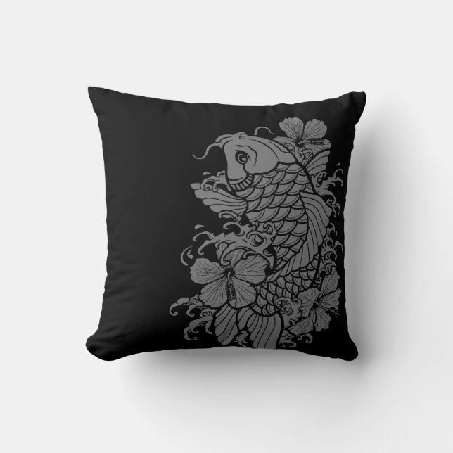 Koi Fish Grey on Black Cushion (Front)