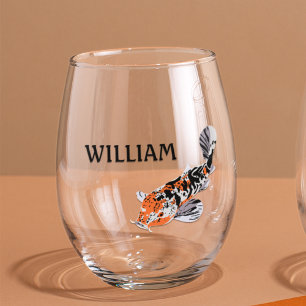 Koi Fish Illustration in Orange Personalised Stemless Wine Glass