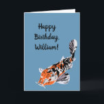Koi Fish Illustration Orange and Blue Birthday Card<br><div class="desc">Add your own message to the front and the inside of this greeting card to create birthday cards or cards for any occasion that are perfect for anyone who loves relaxing by their koi pond. Features a realistic style illustration of a koi fish or ornamental carp in white, orange and...</div>